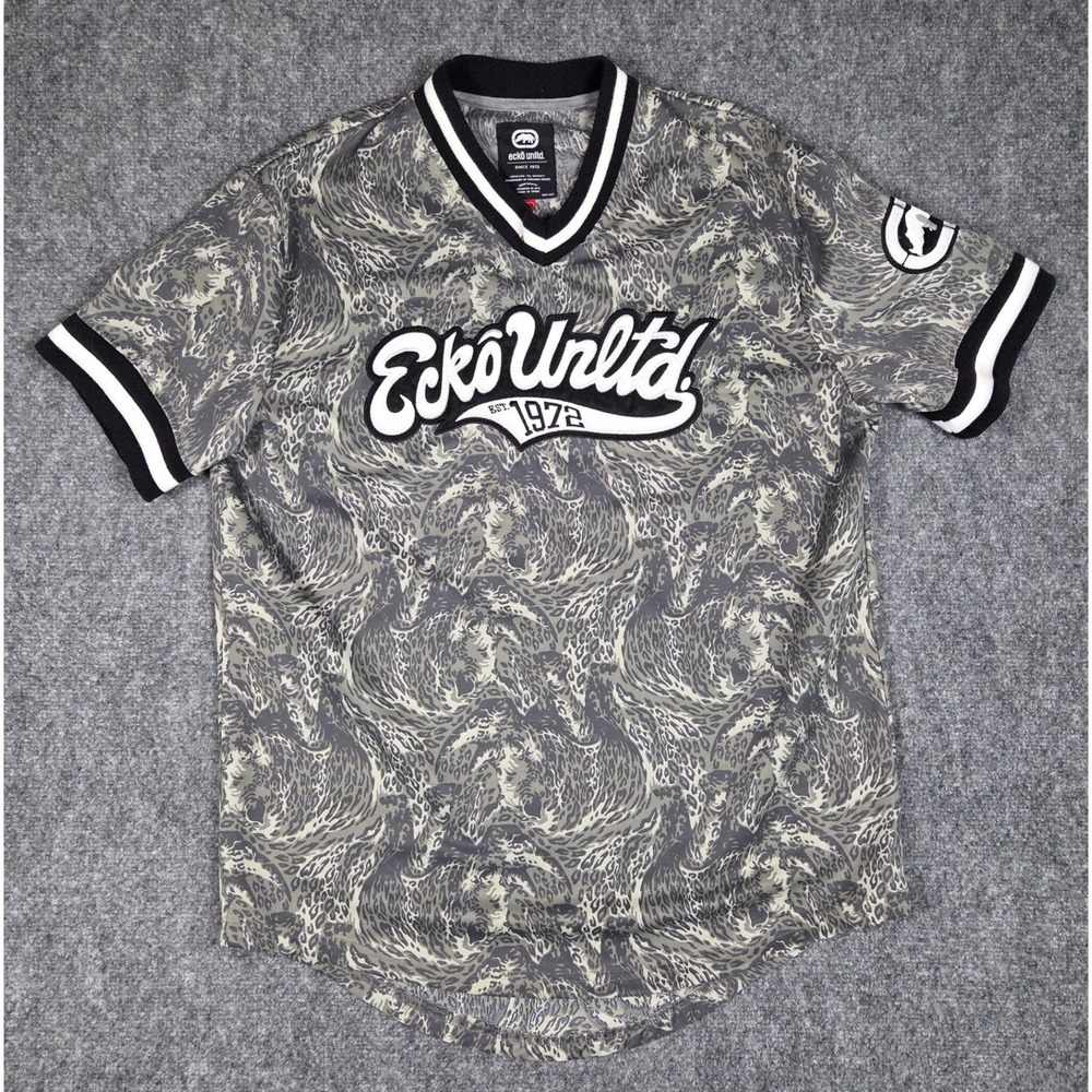 Ecko Unltd Jersey Shirt Mens Large Grey Leopard Wave Print V-Neck Streetwear